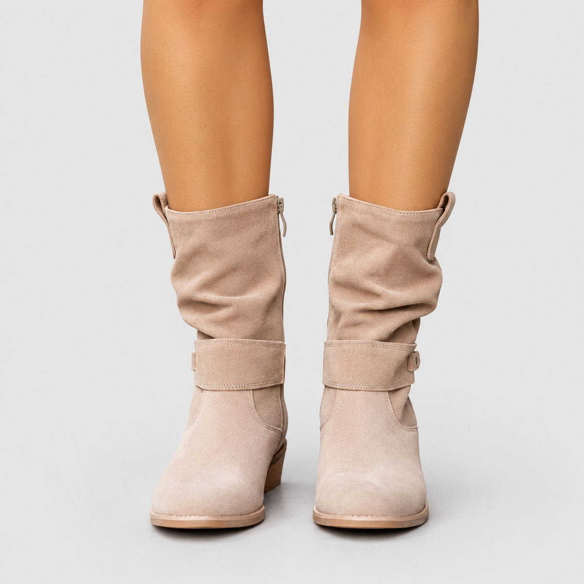 Women's Slouch Faux Suede Ankle Boots with Strap and Low Block Heel — view 4