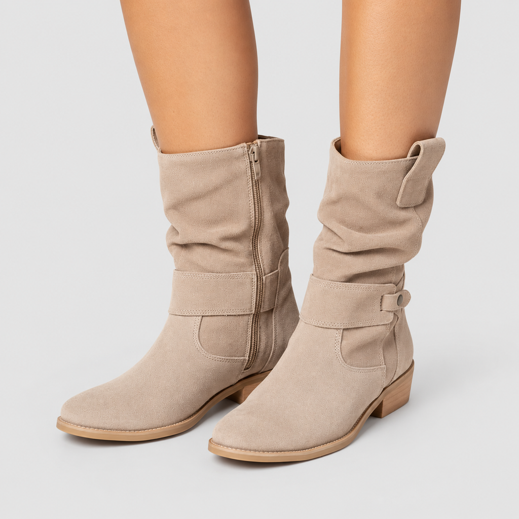 Women's Slouch Faux Suede Ankle Boots with Strap and Low Block Heel — view 5