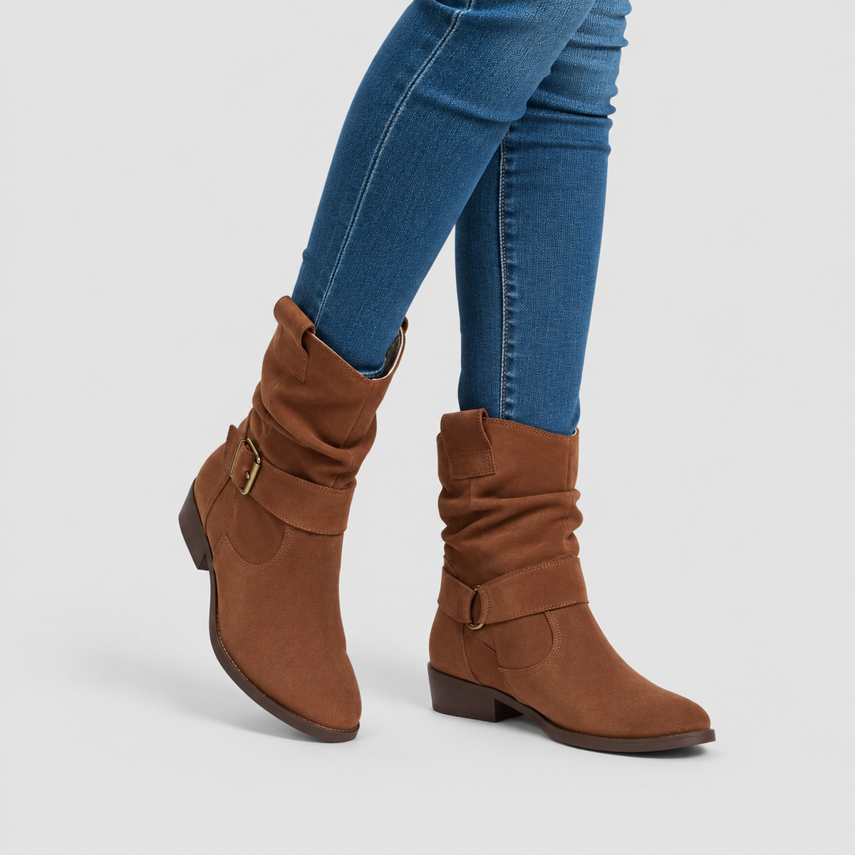 Women's Slouch Faux Suede Ankle Boots with Strap and Low Block Heel in Dark Brown — view 6
