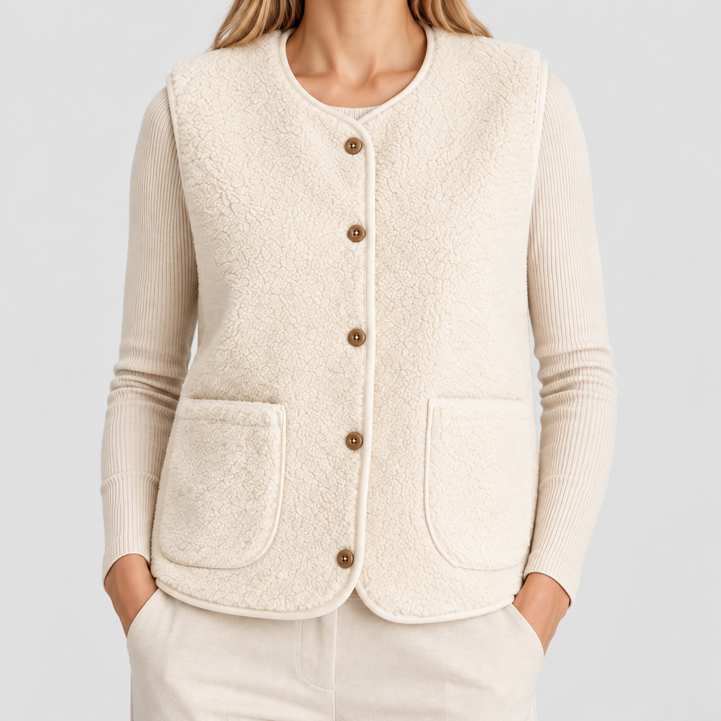 Women's Teddy Fleece Button-Up Gilet with Pockets in Beige — view 1