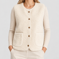 Women's Teddy Fleece Button-Up Gilet with Pockets in Beige — view 1