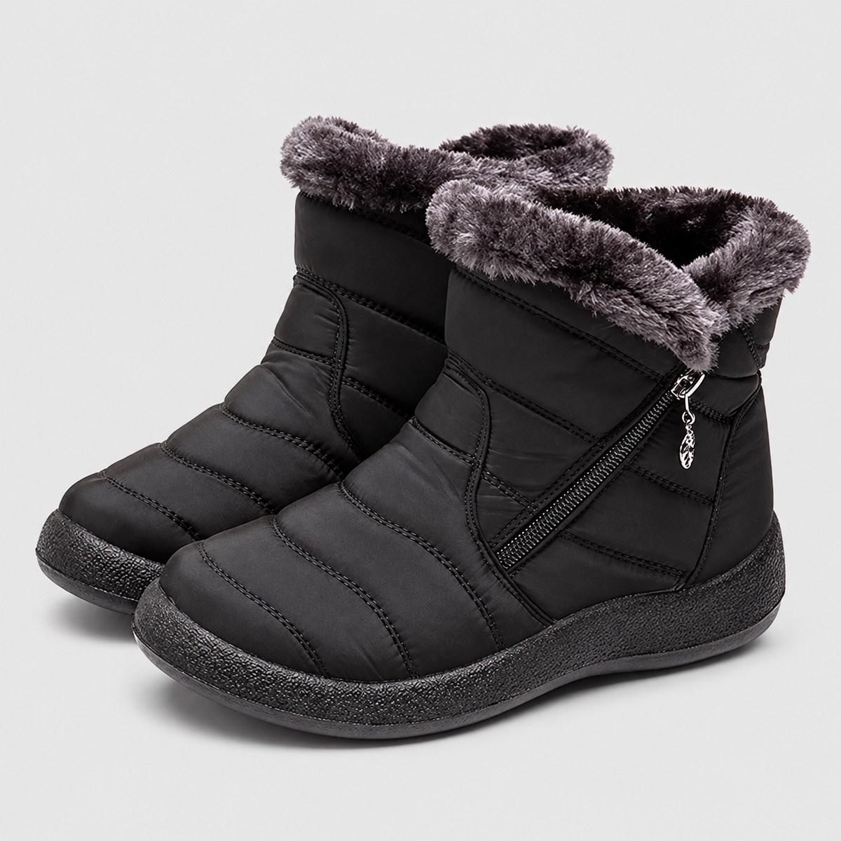 Women's Quilted Ankle Boots with Plush Cuff and Side Zip in Black — view 1