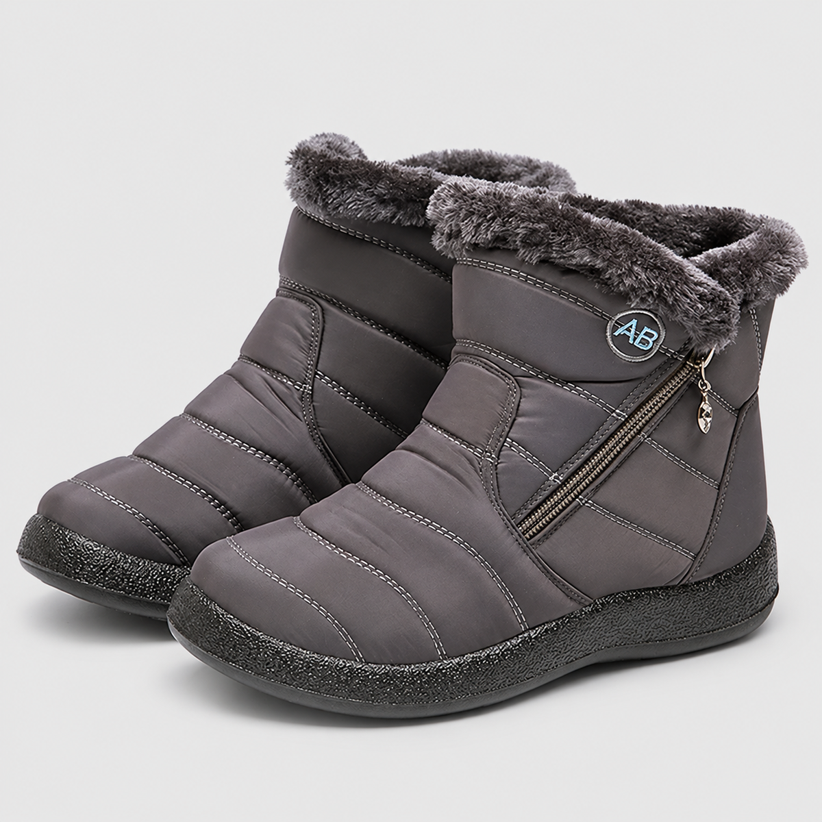 Women's Quilted Ankle Boots with Plush Cuff and Side Zip in Grey — view 4