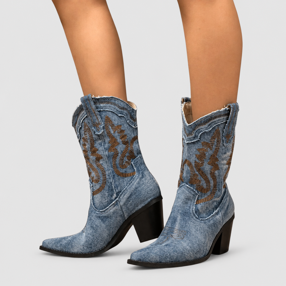 Women's Denim-Look Western Ankle Boots with Embroidery in Denim Blue — view 5
