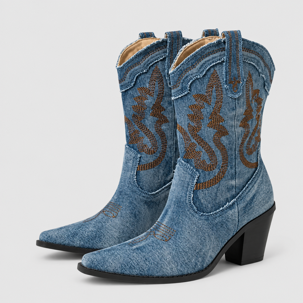 Women's Denim-Look Western Ankle Boots with Embroidery — view 8