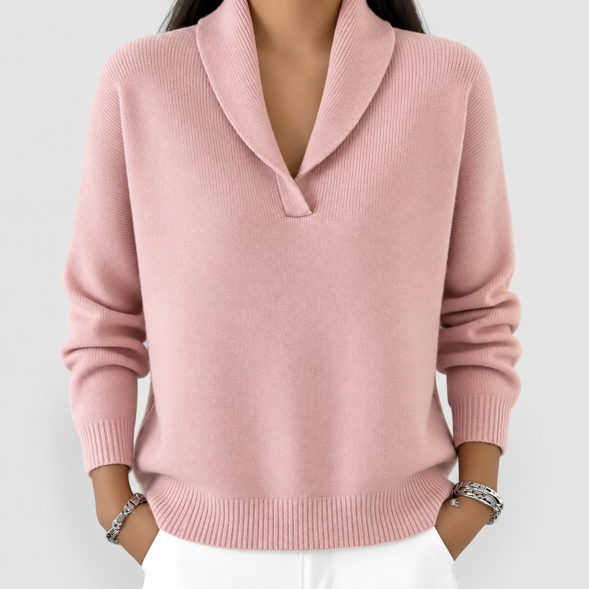 Women's Relaxed V-Neck Knit Jumper in Pink — view 2