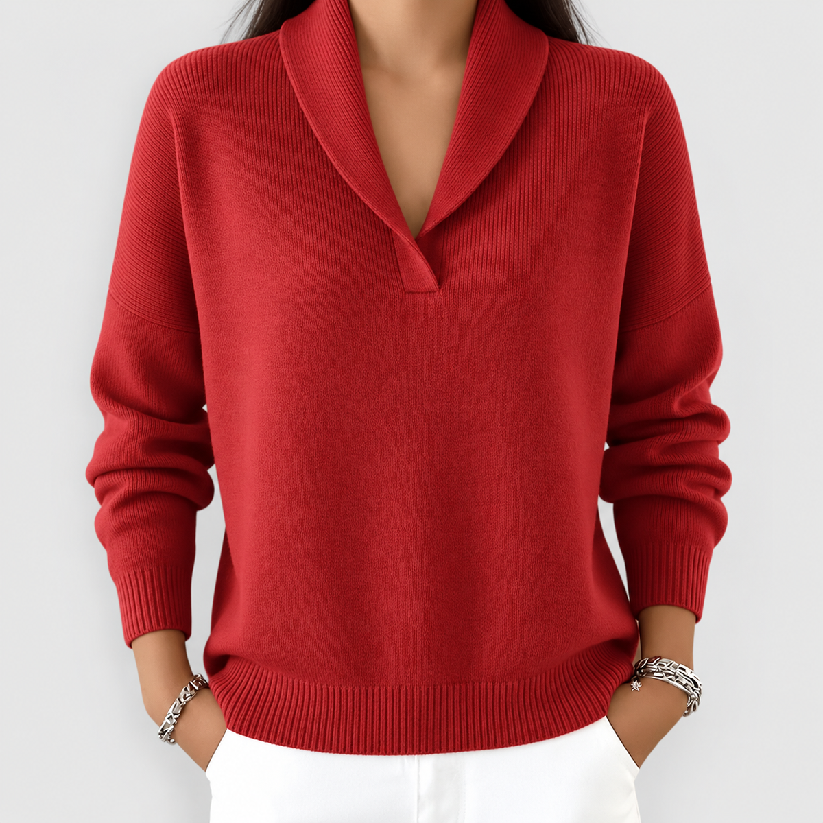 Women's Relaxed V-Neck Knit Jumper in Red — view 3