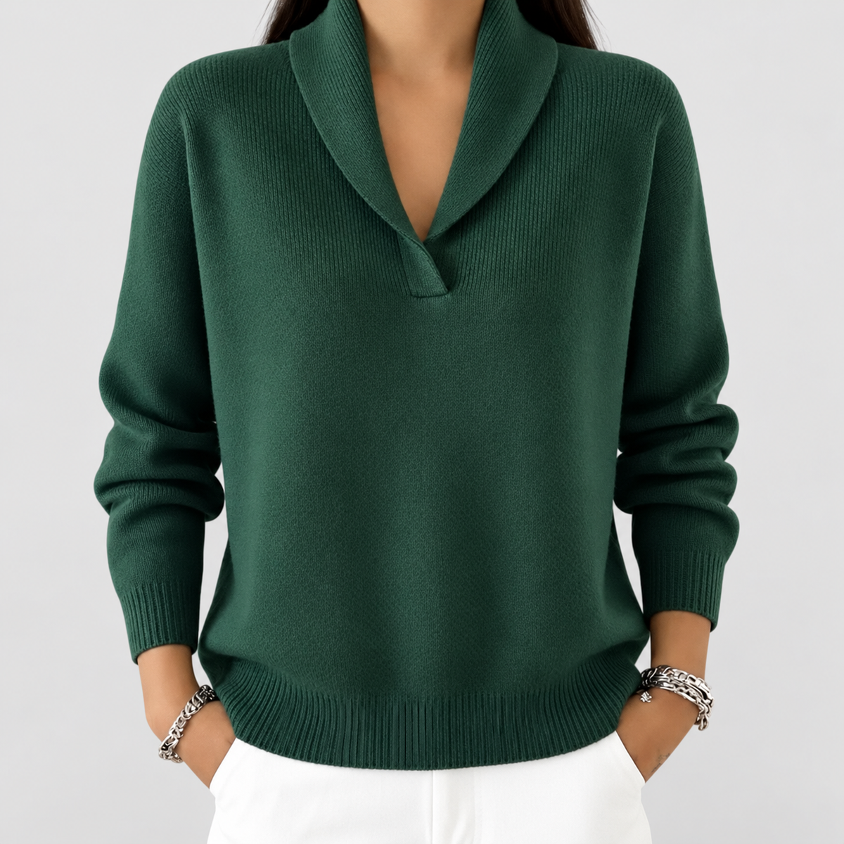 Women's Relaxed V-Neck Knit Jumper in Green — view 4