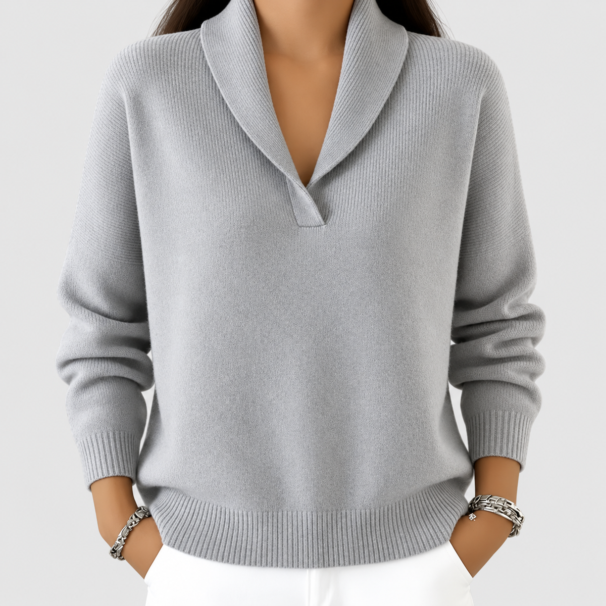 Women's Relaxed V-Neck Knit Jumper in Grey — view 5