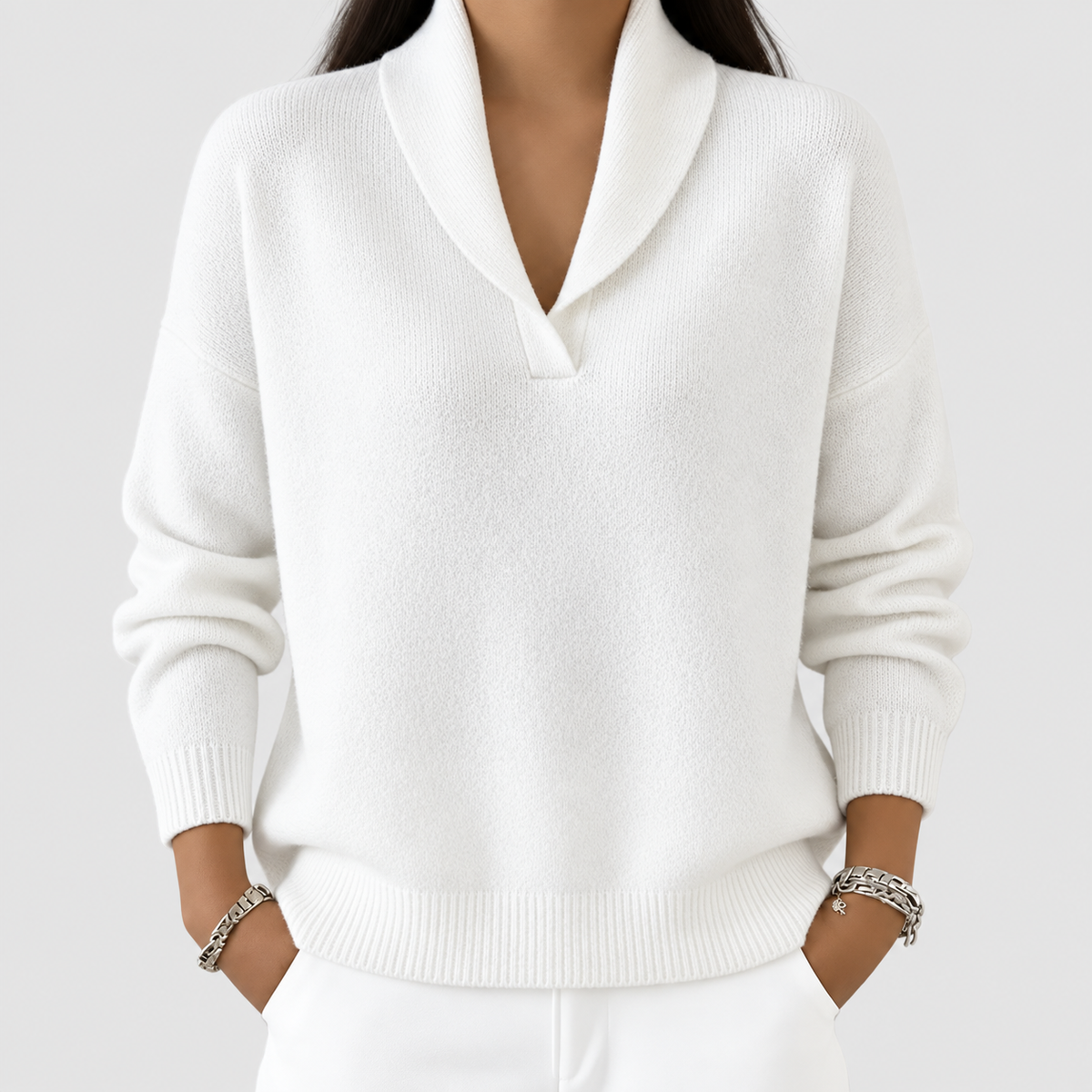 Women's Relaxed V-Neck Knit Jumper in White — view 7