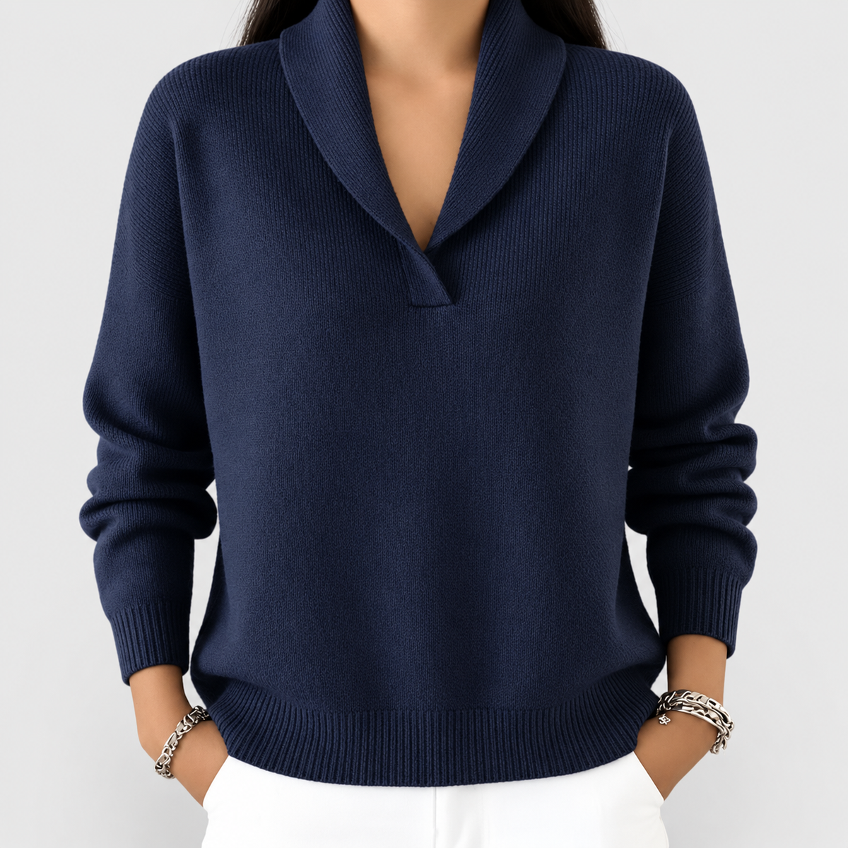 Women's Relaxed V-Neck Knit Jumper in Blue — view 8