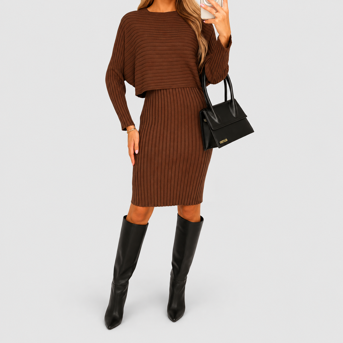 Women's Ribbed Knit Dress and Pullover Set in Brown — view 9