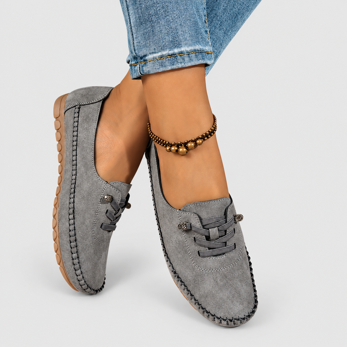 Women's Lace-Detail Moccasin Slip-On Shoes in Grey — view 2