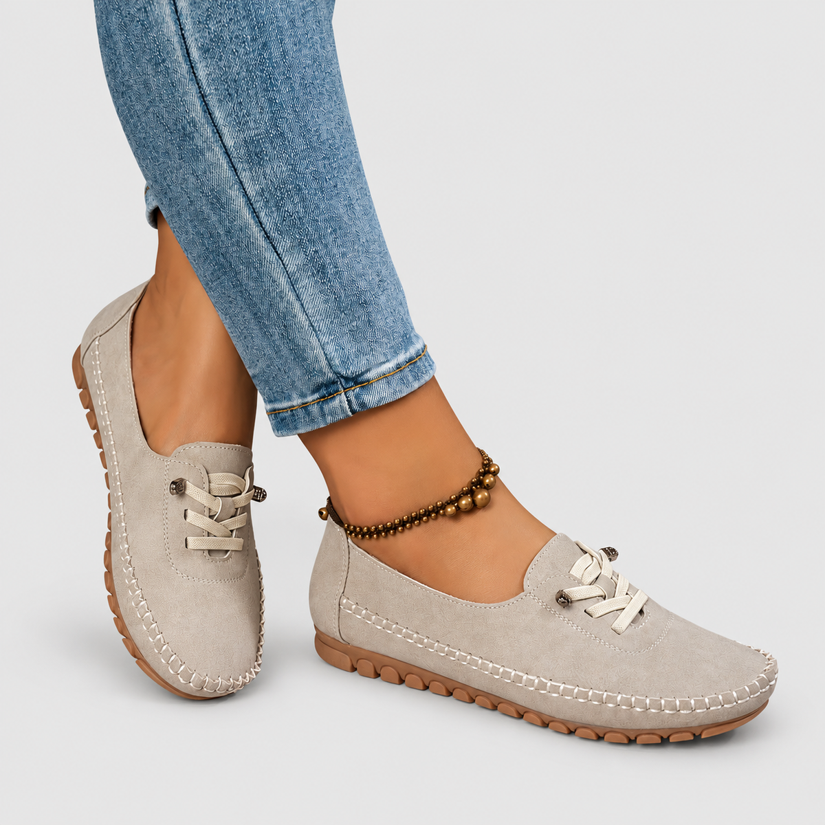 Women's Lace-Detail Moccasin Slip-On Shoes in Beige — view 3