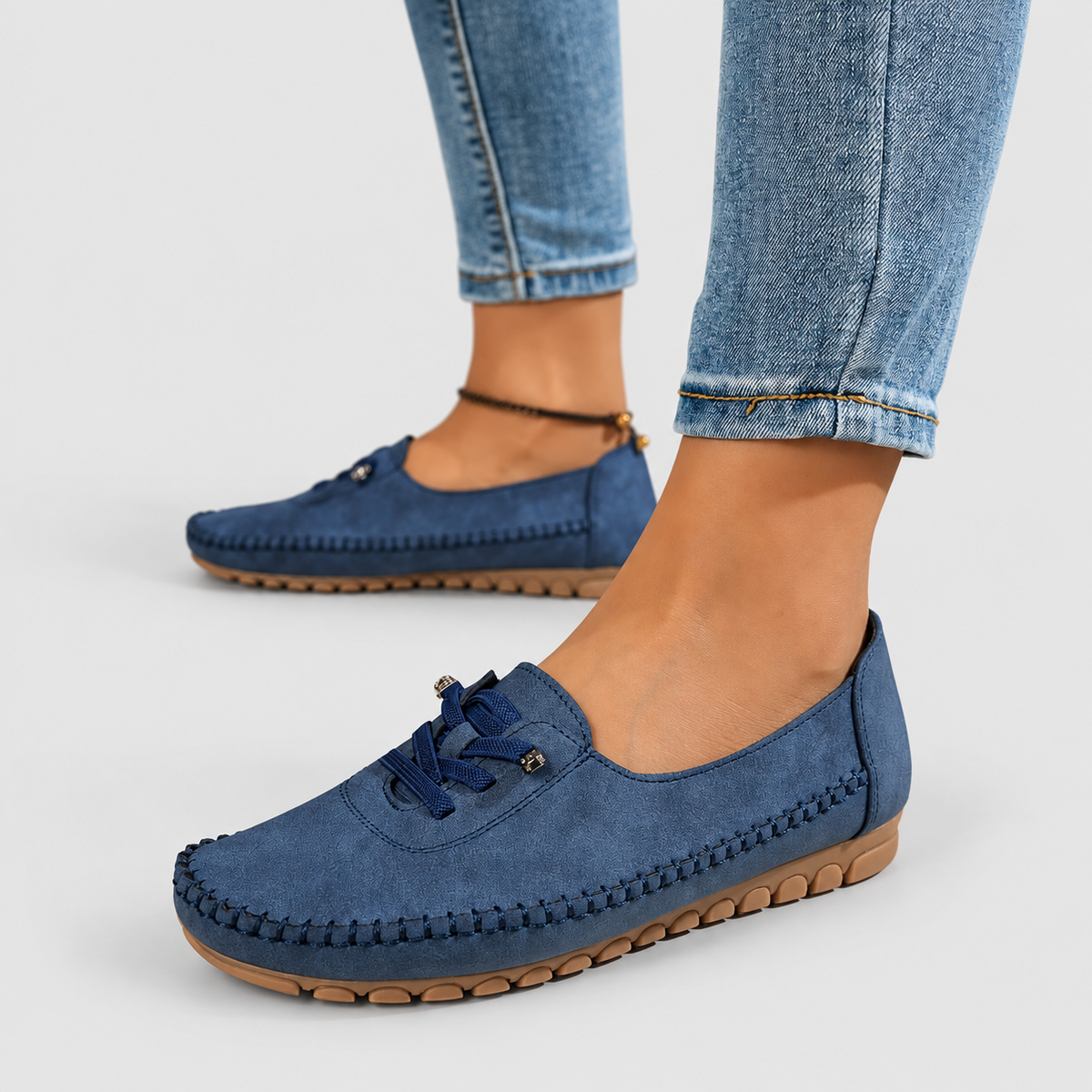 Women's Lace-Detail Moccasin Slip-On Shoes in Blue — view 6