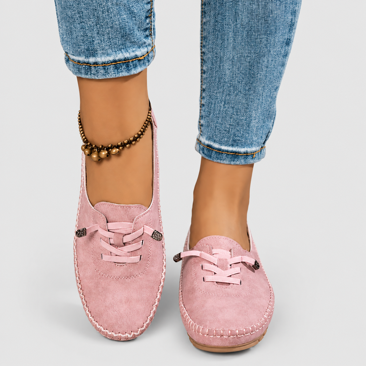 Women's Lace-Detail Moccasin Slip-On Shoes in Pink — view 7