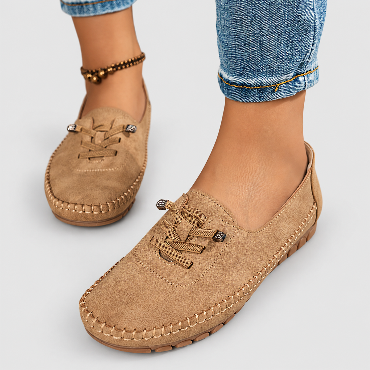 Women's Lace-Detail Moccasin Slip-On Shoes in Brown — view 9
