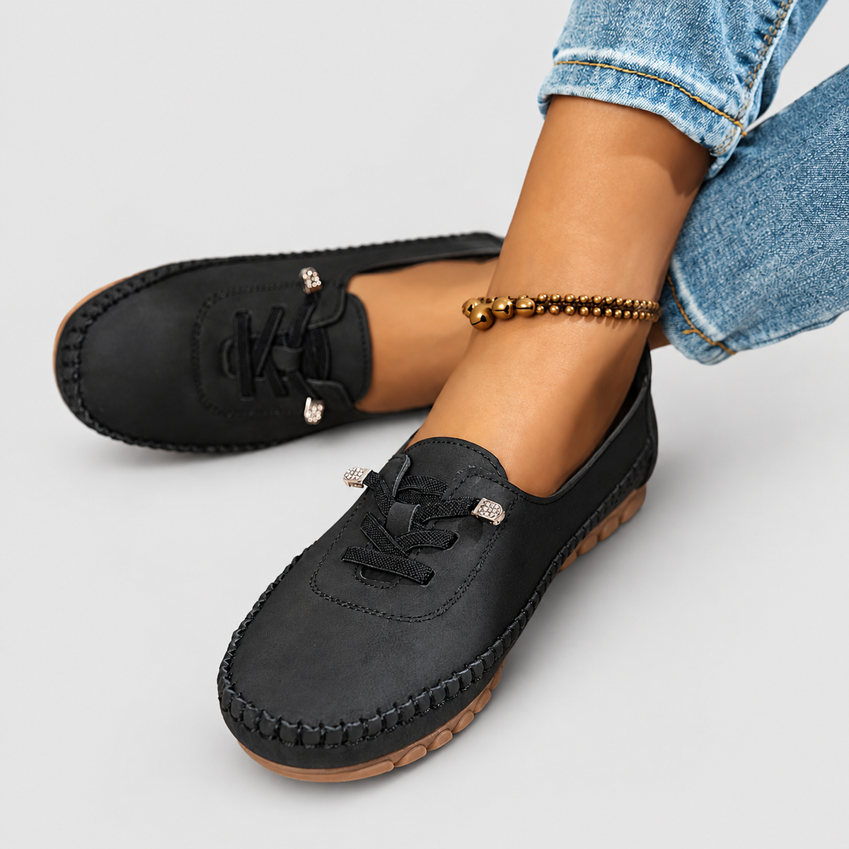 Women's Lace-Detail Moccasin Slip-On Shoes in Black — view 10