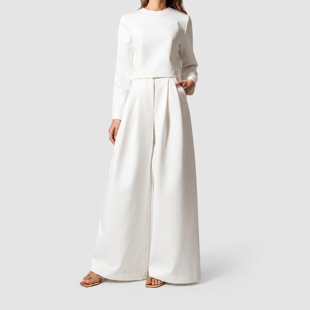 Women's Two-Piece Palazzo Trouser Set with Cropped Top in White — view 1