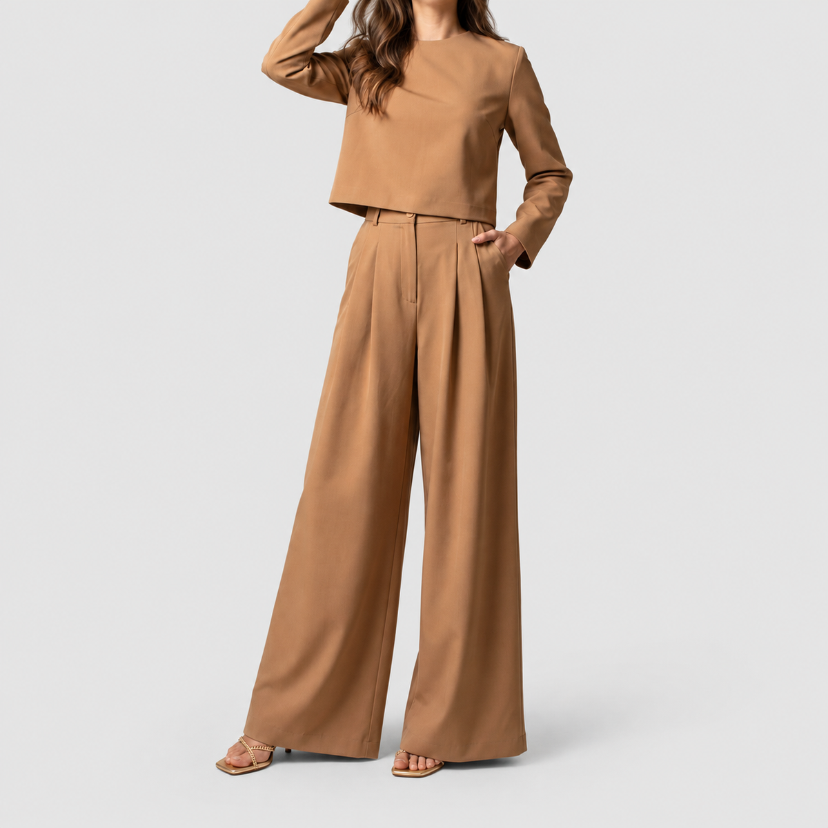 Women's Two-Piece Palazzo Trouser Set with Cropped Top in Khaki — view 4