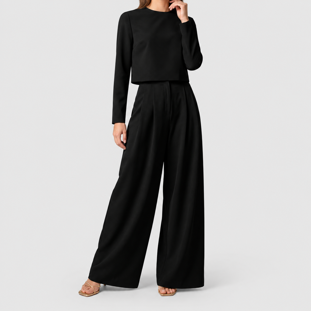 Women's Two-Piece Palazzo Trouser Set with Cropped Top in Black — view 5