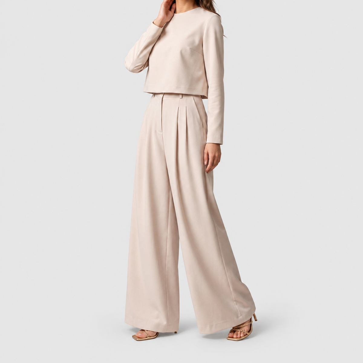 Women's Two-Piece Palazzo Trouser Set with Cropped Top in Beige — view 6