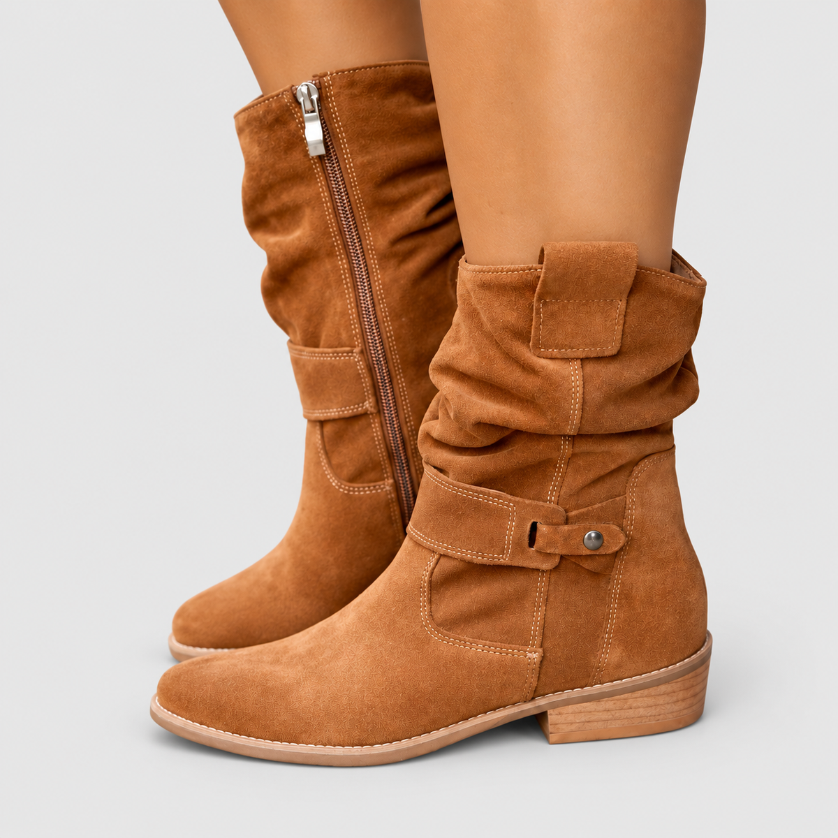 Women's Slouch Faux Suede Ankle Boots with Stud Strap in Rust Brown — view 1