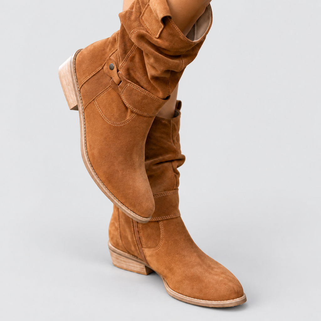 Women's Slouch Faux Suede Ankle Boots with Stud Strap — view 2
