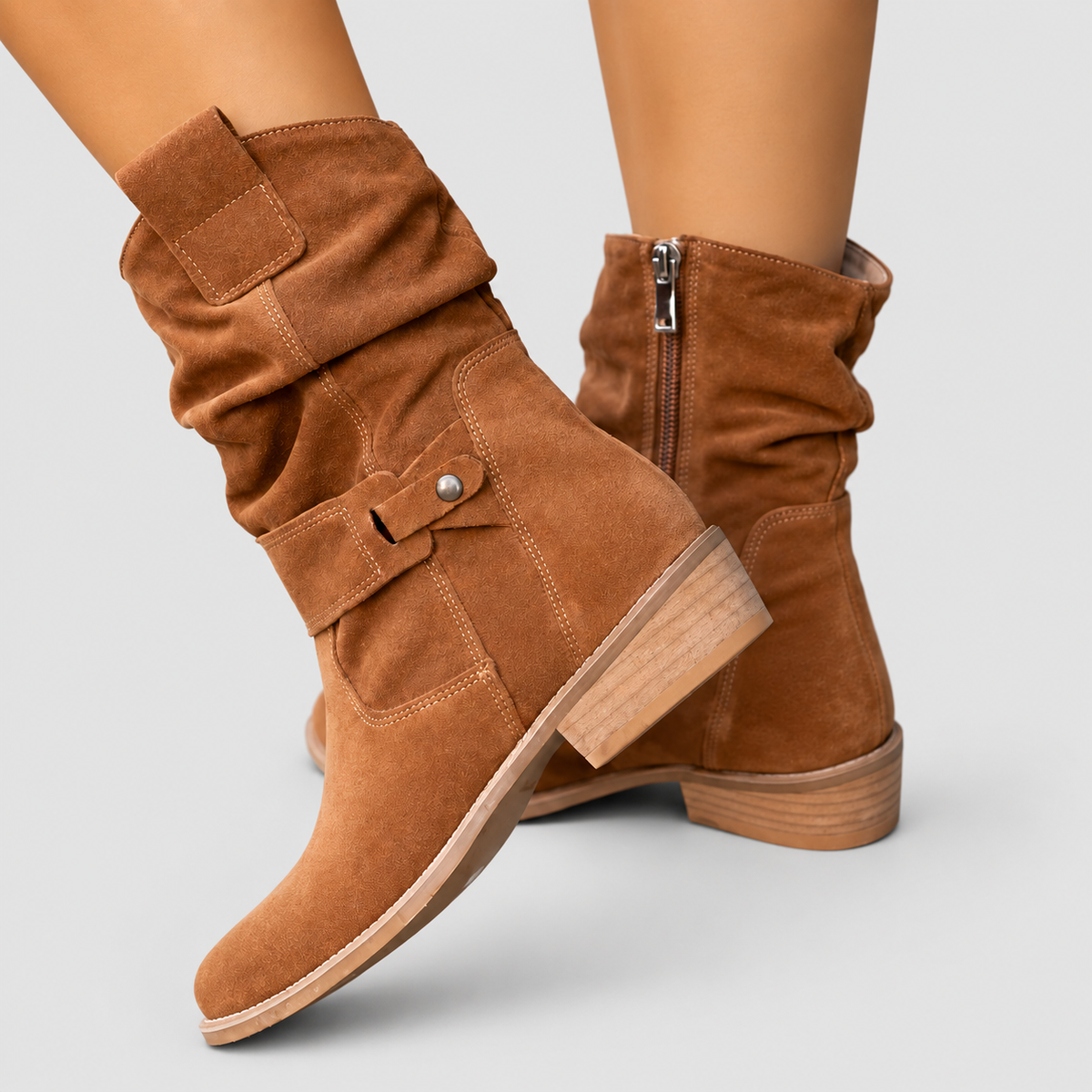 Women's Slouch Faux Suede Ankle Boots with Stud Strap — view 3