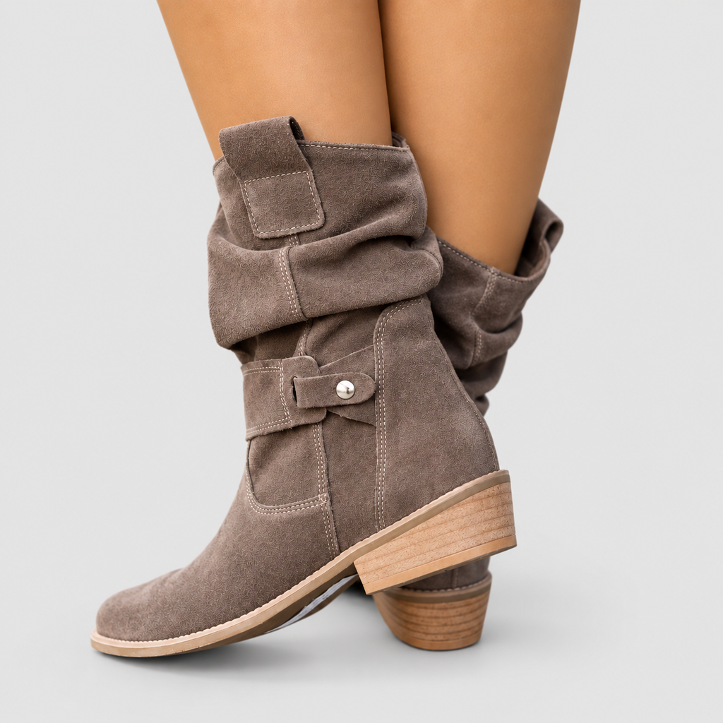 Women's Slouch Faux Suede Ankle Boots with Stud Strap in Taupe — view 4