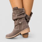 Women's Slouch Faux Suede Ankle Boots with Stud Strap in Taupe — view 4