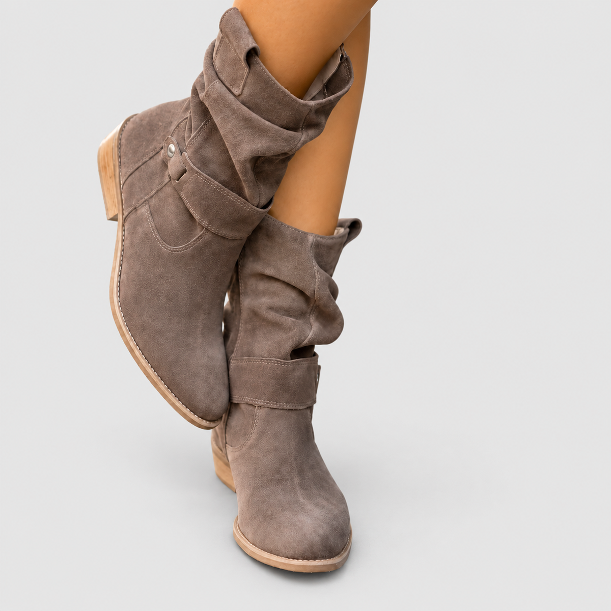 Women's Slouch Faux Suede Ankle Boots with Stud Strap — view 5
