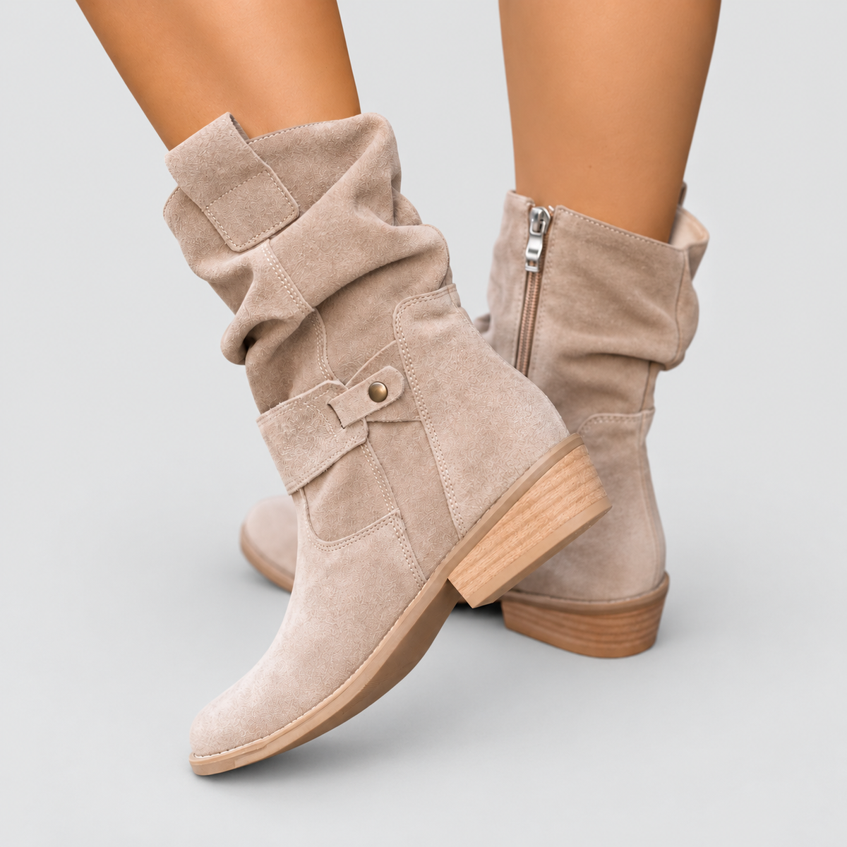 Women's Slouch Faux Suede Ankle Boots with Stud Strap — view 6