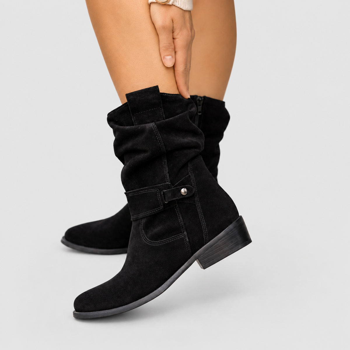 Women's Slouch Faux Suede Ankle Boots with Stud Strap — view 11