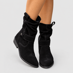 Women's Slouch Faux Suede Ankle Boots with Stud Strap in Black — view 12