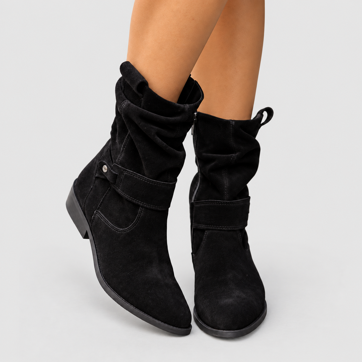 Women's Slouch Faux Suede Ankle Boots with Stud Strap in Black — view 12