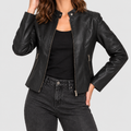 Women's Cropped Biker Jacket with Stand Collar in Black — view 1