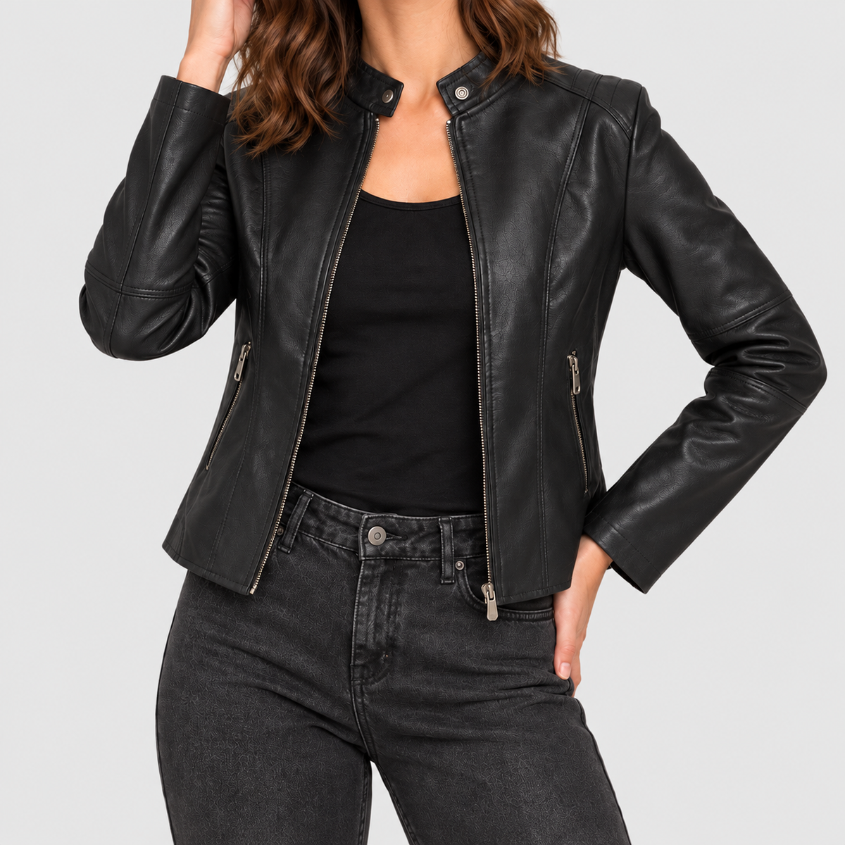 Women's Cropped Biker Jacket with Stand Collar in Black — view 1