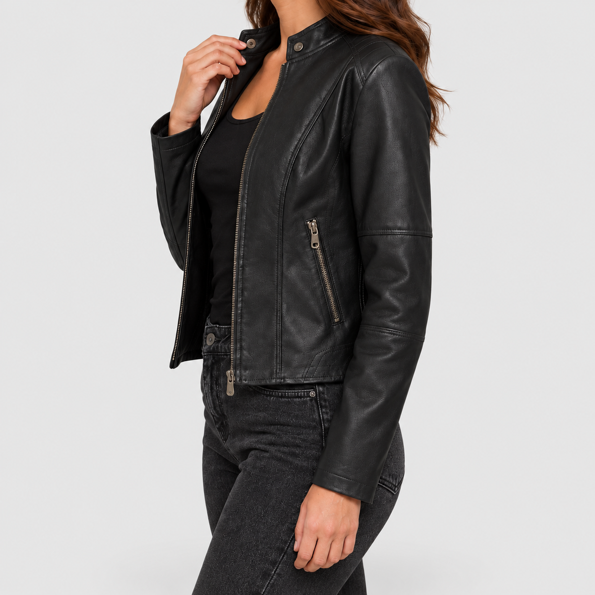 Women's Cropped Biker Jacket with Stand Collar — view 2