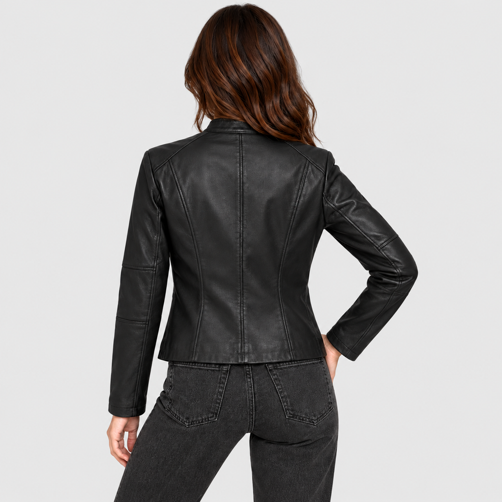 Women's Cropped Biker Jacket with Stand Collar — view 3