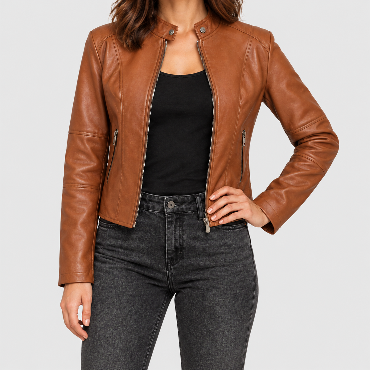 Women's Cropped Biker Jacket with Stand Collar in Brown — view 4