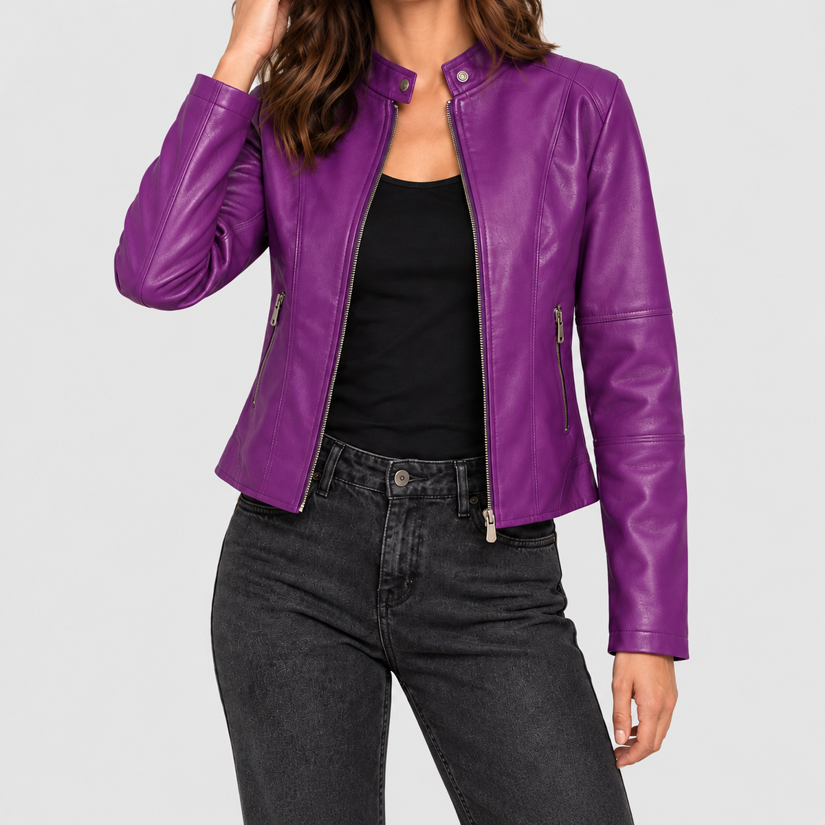 Women's Cropped Biker Jacket with Stand Collar in Purple — view 5