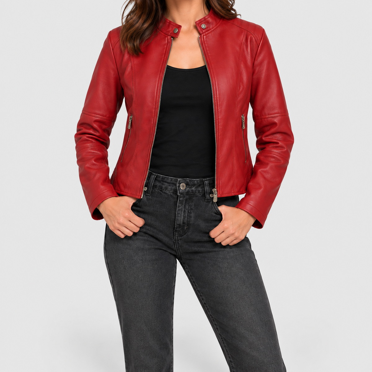 Women's Cropped Biker Jacket with Stand Collar in Red — view 6