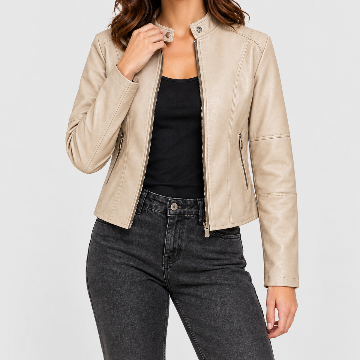 Women's Cropped Biker Jacket with Stand Collar in Beige — view 7