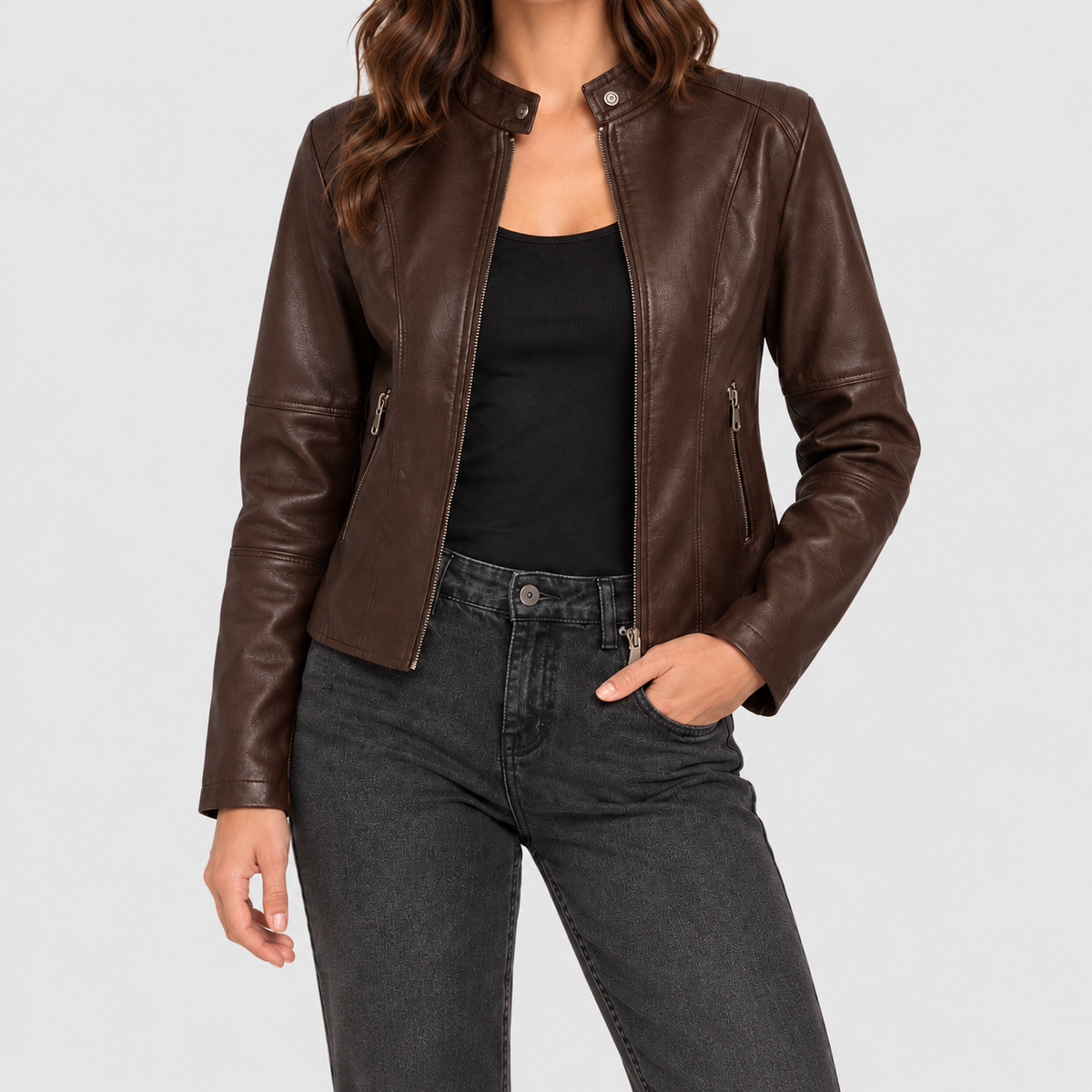 Women's Cropped Biker Jacket with Stand Collar in Dark Brown — view 8
