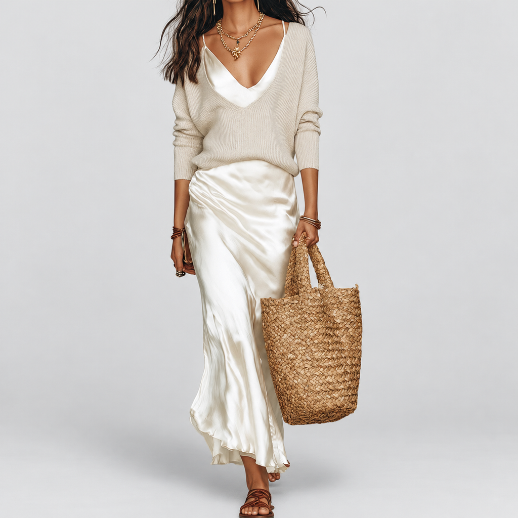 Women's Satin-Look Dress and V-Neck Jumper Set in White — view 1
