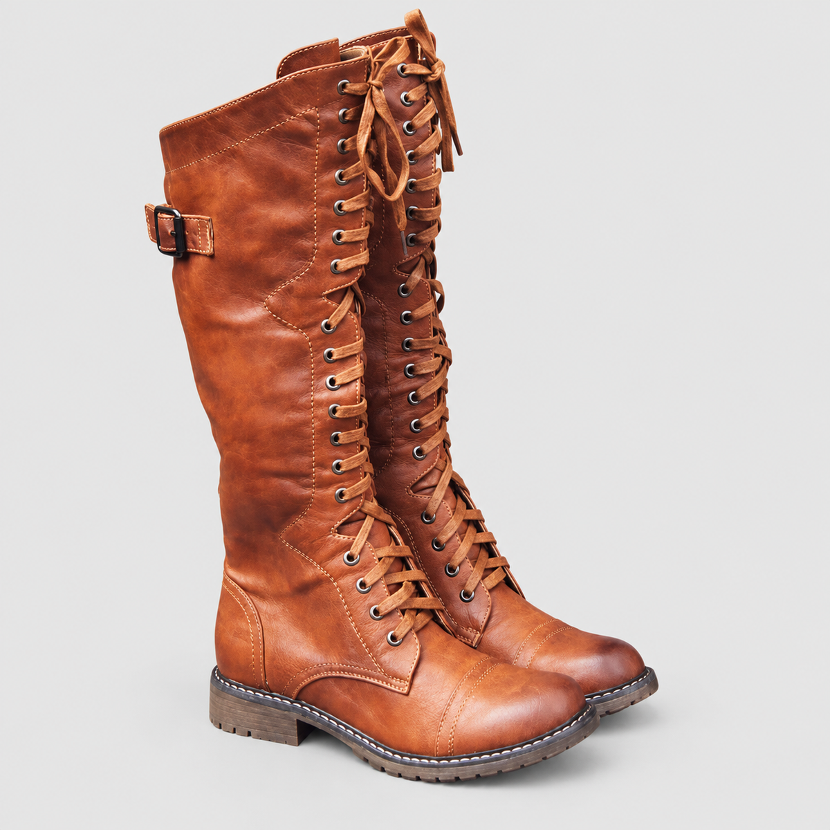 Women's Lace-Up Faux Leather Knee-High Boots with Side Buckle in Brown — view 1