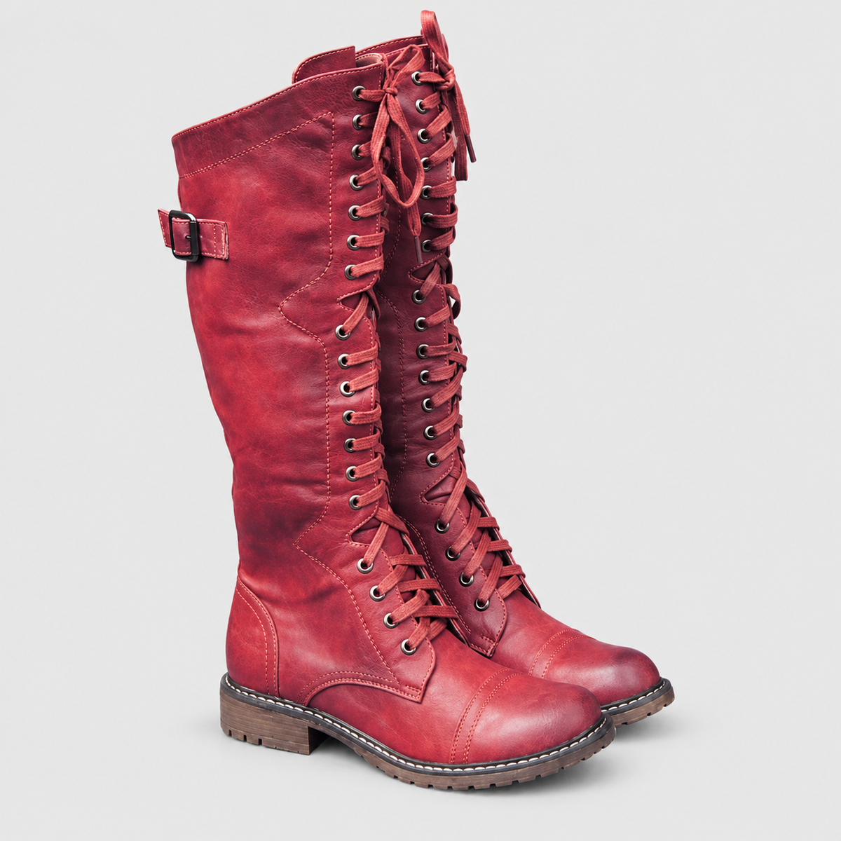 Women's Lace-Up Faux Leather Knee-High Boots with Side Buckle in Red — view 2