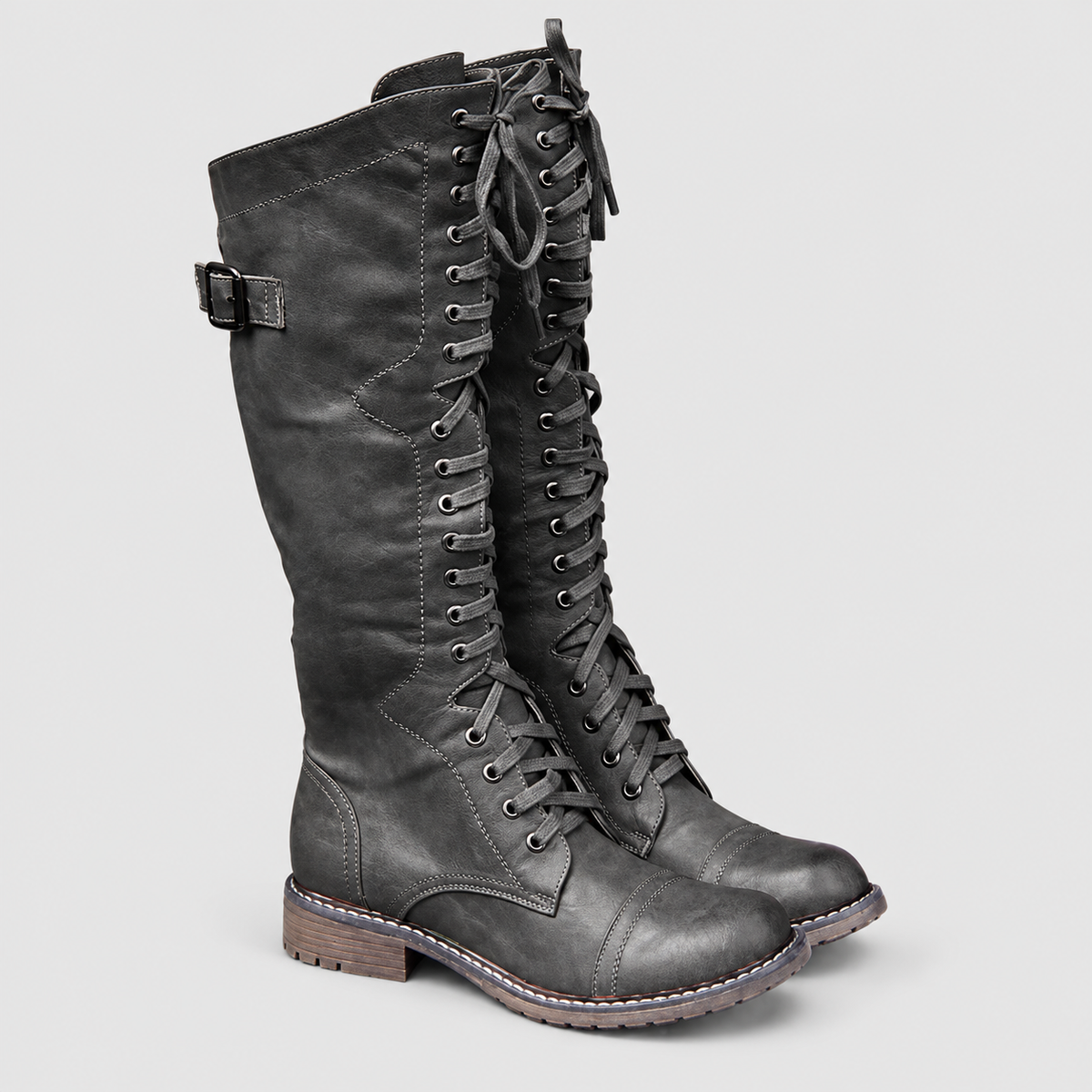 Women's Lace-Up Faux Leather Knee-High Boots with Side Buckle in Black — view 3