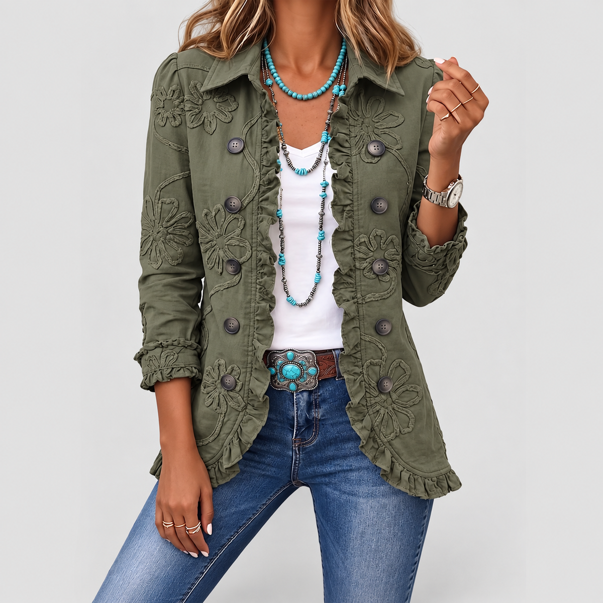 Women's Floral Embroidered Jacket with Ruffled Trim in Retro Green — view 1